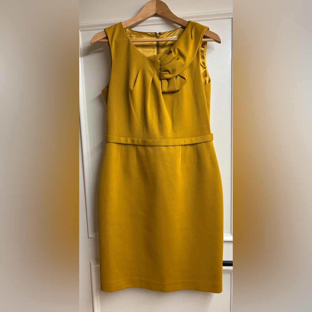 T Tahari knit golden dress with pleat neck detail